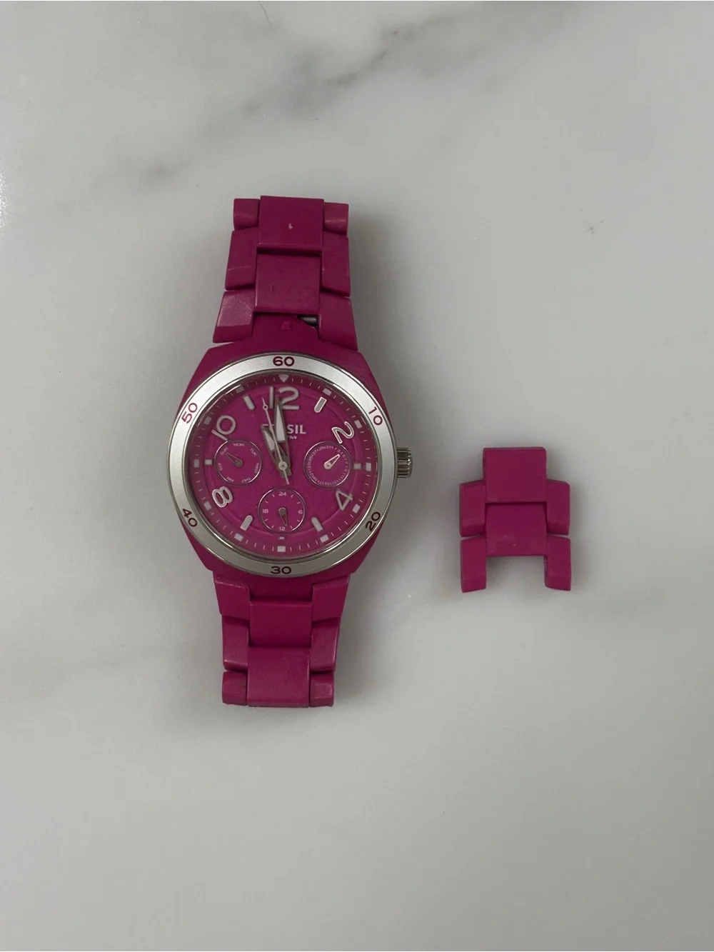 Fossil Magenta Silicone Link Watch with Silver Bezel